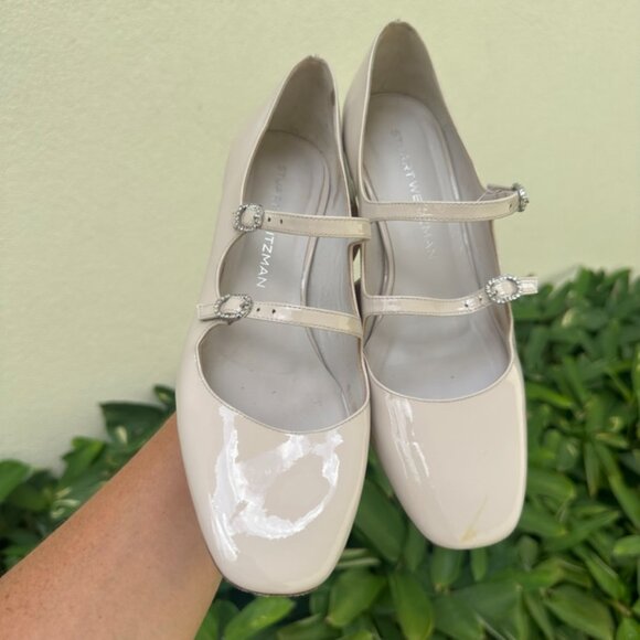 Stuart Weitzman Women's Cream Double Mary Jane Patent Leather Shoes Size 8.5 - Picture 14 of 14